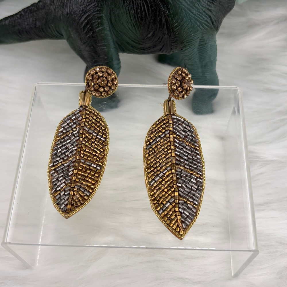 Gold and Silver Seed Bead Leaf  Earrings with Copper Rhinestones at Top